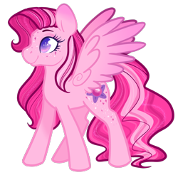 Size: 1280x1262 | Tagged: safe, artist:howdyhorsey, imported from derpibooru, hidden treasure, pegasus, pony, colored wings, freckles, g3, g4, gem, gradient ears, gradient wings, multicolored mane, pink body, pink coat, pink mane, purple eyes, simple background, solo, sparkles, stars, stylized, transparent background, wings