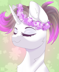 Size: 3528x4320 | Tagged: safe, artist:elektra-gertly, imported from derpibooru, oc, oc only, oc:hazel radiate, pony, unicorn, bust, colored background, cute, drawing, eyebrows, eyelashes, eyes closed, female, floral head wreath, flower, flower in hair, gift art, high res, highlights, horn, mare, ocbetes, ponytail, portrait, smiling, smug, solo, unicorn oc