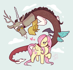 Size: 1280x1221 | Tagged: safe, artist:squiddy-ink-s, imported from derpibooru, discord, fluttershy, draconequus, pegasus, pony, alternate design, bow, cute, discoshy, duo, female, g1, g4, g4 to g1, generation leap, male, shipping, shyabetes, signature, straight, tail, tail bow