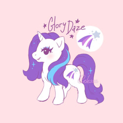 Size: 640x640 | Tagged: safe, artist:celesse, imported from derpibooru, glory, pony, unicorn, cute, eyelashes, female, g1, glorybetes, mare, multicolored hair, multicolored mane, multicolored tail, pink background, simple background, solo, sparkles, tail, two toned mane