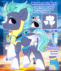 Size: 3036x3570 | Tagged: safe, artist:midnightmusic, imported from derpibooru, oc, oc only, oc:rushing clouds, pegasus, pony, clothes, freckles, goggles, hoofless socks, male, markings, multicolored hair, raised hoof, raised leg, reference sheet, socks, solo, stallion, uniform, unshorn fetlocks, wonderbolt trainee uniform, wonderbolts