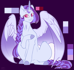 Size: 1602x1503 | Tagged: safe, artist:purplegrim40, imported from derpibooru, oc, oc only, alicorn, pony, alicorn oc, braid, colored hooves, female, horn, interspecies offspring, magical lesbian spawn, mare, offspring, parent:princess ember, parent:twilight sparkle, parents:emberlight, reference sheet, solo, wings