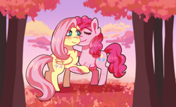 Size: 1024x627 | Tagged: safe, artist:starburst987, imported from derpibooru, fluttershy, pinkie pie, earth pony, pegasus, pony, autumn, blushing, butt, chest fluff, female, flutterpie, hug, lesbian, plot, shipping, sunset