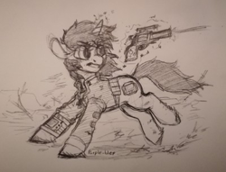 Size: 400x306 | Tagged: safe, artist:purple-blep, imported from derpibooru, oc, oc only, oc:littlepip, pony, unicorn, fallout equestria, black and white, female, grayscale, gun, handgun, little macintosh, mare, monochrome, revolver, solo, traditional art