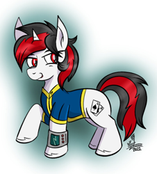 Size: 400x443 | Tagged: safe, artist:whirlwindflux, imported from derpibooru, oc, oc only, oc:blackjack, pony, unicorn, fallout equestria, fallout equestria: project horizons, black and red mane, fanfic art, female, horn, mane, mare, short legs, solo, tail, unicorn oc