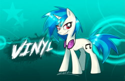 Size: 1271x824 | Tagged: safe, artist:zeffdakilla, imported from derpibooru, dj pon-3, vinyl scratch, pony, unicorn, 2013, abstract background, background pony, female, glasses, horn, mare, nostalgia, red eyes, smiling, solo, standing, sunglasses