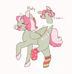 Size: 1015x1035 | Tagged: safe, artist:arimabari, imported from derpibooru, minty, pegasus, pony, clothes, simple background, socks, solo, striped socks, white background