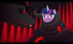 Size: 4535x2746 | Tagged: safe, artist:culu-bluebeaver, imported from derpibooru, twilight sparkle, oc, oc:plague, pony, serpent, snake, unicorn, comic:the six-winged serpent, coiling, coils, fake screenshot, female, horn, looking at each other, looking at someone, oc villain, png, simple background, squeezing