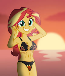 Size: 1024x1194 | Tagged: safe, artist:emeraldblast63, imported from derpibooru, sunset shimmer, equestria girls, bare shoulders, belly button, breasts, clothes, female, legs together, sleeveless, solo, swimsuit