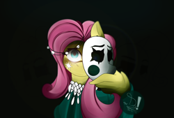 Size: 2220x1500 | Tagged: safe, artist:diamondgreenanimat0, imported from derpibooru, fluttershy, pegasus, pony, 2022, black background, female, halfbody, looking at you, mask, pink hair, reference, simple background, solo, spread wings, wings