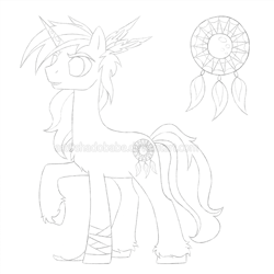 Size: 800x800 | Tagged: safe, artist:shadobabe, imported from derpibooru, oc, oc only, pony, unicorn, dreamcatcher, horn, lineart, monochrome, raised hoof, simple background, solo, unicorn oc, unshorn fetlocks, white background