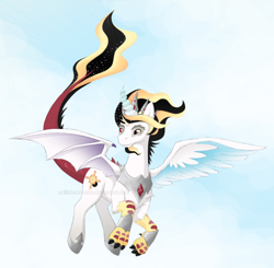 Size: 920x900 | Tagged: safe, artist:shadobabe, imported from derpibooru, oc, oc only, draconequus, hybrid, draconequus oc, flying, interspecies offspring, male, offspring, outdoors, parent:discord, parent:princess celestia, parents:dislestia, solo