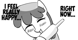Size: 793x412 | Tagged: safe, artist:omelettepony, berry punch, berryshine, pony, blushing, drawthread, eyebrows, female, mare, monochrome, open mouth, open smile, ponified, simple background, smiling, solo, text, wine bottle
