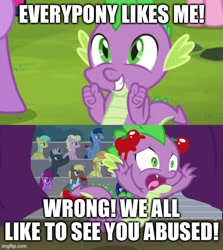 Size: 500x560 | Tagged: safe, edit, edited screencap, screencap, pinkie pie, spike, twilight sparkle, dragon, earth pony, pony, unicorn, horse play, it ain't easy being breezies, abuse, booing, female, food, male, spikeabuse, stage, text, tomato, tomatoes