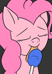 Size: 1000x1414 | Tagged: safe, artist:anonymous, pinkie pie, earth pony, pony, candy, drawthread, eyes closed, female, food, licking, lollipop, mare, simple background, smiling, tongue out