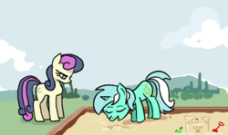Size: 960x574 | Tagged: safe, artist:plunger, artist:toffo, imported from ponybooru, bon bon, lyra heartstrings, sweetie drops, oc, oc:filly anon, earth pony, pony, unicorn, female, filly, l.u.l.s., sandbox, sandcastle