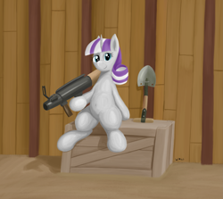 Size: 3683x3280 | Tagged: safe, artist:wapamario63, imported from ponybooru, twilight velvet, pony, unicorn, /mlp/, /mlp/ tf2 general, belly button, box, crate, female, looking at you, mare, market gardener, rocket launcher, shovel, sitting, smiling, solo, team fortress 2