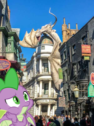 Size: 600x800 | Tagged: safe, edit, editor:undeadponysoldier, imported from ponybooru, spike, dragon, human, amusement park, confused, crowd, dragons in real life, florida, gringotts bank, harry potter, hmm, irl, irl human, orlando, photo, thinking, universal studios, wizarding world