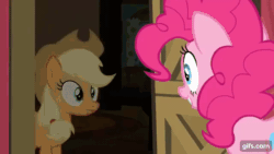 Size: 640x360 | Tagged: safe, imported from derpibooru, screencap, applejack, pinkie pie, earth pony, pony, pinkie apple pie, season 4, animated, applejack's hat, bipedal, cowboy hat, duo, female, gif, gifs.com, grin, hat, hug, mare, open mouth, smiling