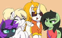 Size: 414x253 | Tagged: safe, artist:thebatfang, oc, oc:dyx, oc:filly anon, oc:luftkrieg, oc:nyx, alicorn, earth pony, pegasus, pony, aggie.io, clothes, eyes closed, female, filly, glasses, mare, me and the boys, meme, nazi, open mouth, shirt, simple background, smiling, spread wings, wings