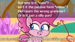 Size: 2079x1170 | Tagged: safe, edit, edited screencap, imported from derpibooru, screencap, earth pony, pony, my little pony: pony life, what goes updo, spoiler:pony life s02e17, arrow, closed captioning, female, g4.5, grammar error, looking at something, mare, smiling, solo