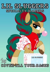 Size: 1423x2048 | Tagged: safe, artist:mommymidday, imported from derpibooru, oc, oc:double dinger, earth pony, pony, baseball, bubble, bubblegum, butt, clothes, coat markings, commission, diaper, diaper fetish, diaper package, fetish, food, gradient background, gum, hooves, jersey, looking back, non-baby in diaper, plot, poofy diaper, poofy mane, raised hoof, raised tail, show accurate, simple background, socks (coat markings), solo, sports, tail, text, two toned mane, two toned tail
