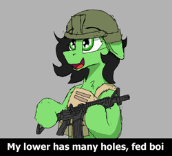 Size: 2664x2404 | Tagged: safe, artist:reddthebat, imported from derpibooru, oc, oc only, oc:filly anon, earth pony, pony, ar-15, body armor, ed edd n eddy, female, filly, foal, gun, helmet, oh crap, rolf, solo, this is going to hurt, this will end in an atf raid, this will end in death, this will end in tears, this will end in tears and/or death, this will not end well, weapon