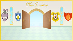 Size: 4096x2304 | Tagged: safe, artist:candy meow, imported from derpibooru, canterlot, cantermore, cantermore school, coat of arms, door, legends of equestria, loading screen, no pony, window