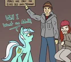 Size: 1154x1000 | Tagged: safe, artist:happy harvey, imported from derpibooru, lyra heartstrings, human, pony, unicorn, angry, argument, clothes, drawthread, female, hat, jacket, male, man, mittens, pants, phone drawing, pointing, sign, trolling, ugly, woman
