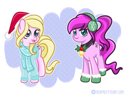 Size: 1024x781 | Tagged: safe, artist:redpalette, imported from derpibooru, oc, oc only, oc:chuckles, oc:violet ray, earth pony, abstract background, boots, christmas, clothes, cute, earmuffs, earth pony oc, female, hat, holiday, mare, santa hat, scarf, shoes, simple background, smiling, snow, white background, winter outfit