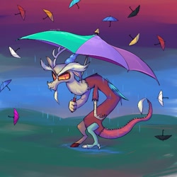 Size: 1000x1000 | Tagged: safe, artist:senx, imported from derpibooru, discord, draconequus, big eyelashes, chaos, eyebrows, nostalgia, puddle, rain, slouching, solo, surreal, umbrella, water