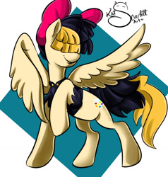 Size: 1216x1280 | Tagged: safe, artist:katscarlett, imported from derpibooru, songbird serenade, pegasus, pony, my little pony: the movie, bow, female, hair bow, hair over eyes, mare, raised leg, sia (singer), smiling, solo, wings