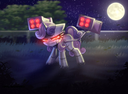 Size: 2880x2120 | Tagged: safe, artist:opal_radiance, imported from derpibooru, sweetie belle, pony, robot, robot pony, unicorn, angry, bot, glowing, glowing eyes, missile launcher, red eyes, solo, sweetie bot