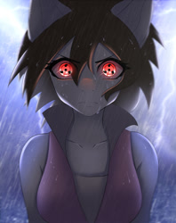 Size: 997x1260 | Tagged: safe, artist:hellcat120, imported from derpibooru, anthro, earth pony, breasts, clothes, digital art, female, glowing, glowing eyes, hair, lightning, looking at you, naruto, ponified, rain, red eyes, rule 63, sharingan, solo, thunderstorm, uchiha sasuke