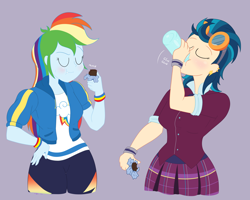 Size: 1998x1596 | Tagged: safe, artist:necrofeline, imported from derpibooru, indigo zap, rainbow dash, pegasus, series:the big run, equestria girls, friendship games, bottle, duo, duo female, energy bar, female, gray background, purple background, simple background, weight gain sequence