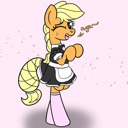 Size: 2000x2000 | Tagged: safe, artist:dafiltafish, imported from derpibooru, applejack, earth pony, pony, alternate hairstyle, bipedal, clothes, cute, dress, hatless, jackabetes, looking at you, maid, missing accessory, nya, one eye closed, pink background, pink socks, simple background, wink, winking at you