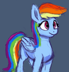 Size: 1579x1643 | Tagged: safe, artist:phutashi, imported from derpibooru, rainbow dash, pegasus, pony, blue background, eyebrows, eyebrows visible through hair, eyelashes, feathered wings, female, folded wings, mare, simple background, smiling, solo, standing, wings