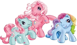 Size: 453x265 | Tagged: safe, imported from derpibooru, minty, pinkie pie (g3), rainbow dash (g3), earth pony, pony, cute, female, g3, g3 dashabetes, g3 diapinkes, heart, hoof heart, mintabetes, multicolored hair, official, pink hair, rainbow hair, raised hoof, rearing, simple background, transparent background, trio, trio female