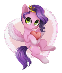 Size: 799x941 | Tagged: safe, artist:toxiccolour, imported from derpibooru, pipp petals, pegasus, pony, adorapipp, chest fluff, circlet, cute, female, flying, g5, heart, hoof hold, looking at you, mare, simple background, smiling, solo, spread wings, transparent background, underhoof, wings