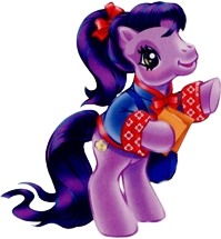 Size: 199x215 | Tagged: safe, artist:lyn fletcher, imported from derpibooru, kimono, earth pony, pony, ao, bipedal, bow, clothes, g3, hair bow, holding, official, ponytail, purple coat, purple hair, red bow, shirt, simple background, solo, sticker, transparent background
