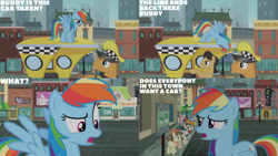 Size: 1280x720 | Tagged: safe, edit, edited screencap, editor:quoterific, imported from derpibooru, screencap, blueberry curls, bubblegum blossom, business savvy, cherry cola, cherry fizzy, joan pommelway, luckette, lucky breaks, pegasus olsen, peggy holstein, rainbow dash, roger silvermane, sterling silver, strawberry ice, earth pony, pegasus, pony, rarity takes manehattan, season 4, female, male, mare, open mouth, rain, spread wings, stallion, taxi pony, text, wings