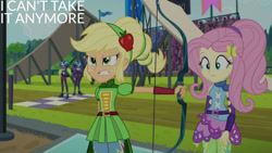 Size: 1280x720 | Tagged: safe, edit, edited screencap, editor:quoterific, imported from derpibooru, screencap, applejack, fluttershy, lemon zest, sunny flare, equestria girls, friendship games, archery, duo, duo female, duo focus, female, hairpin, text