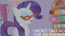 Size: 1280x720 | Tagged: safe, edit, edited screencap, editor:quoterific, imported from derpibooru, screencap, rarity, pony, unicorn, season 1, suited for success, carousel boutique, eyes closed, fabric, female, glasses, mare, open mouth, rarity's glasses, solo, text
