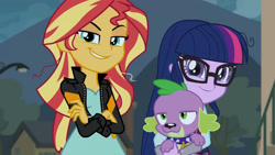 Size: 3410x1920 | Tagged: safe, imported from derpibooru, screencap, sci-twi, spike, spike the regular dog, sunset shimmer, twilight sparkle, dog, equestria girls, friendship games, clothes, crossed arms, female, glasses, high res, jacket, leather, leather jacket, male, smiling, smirk, smugset shimmer, trio