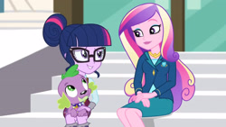 Size: 3410x1920 | Tagged: safe, imported from derpibooru, screencap, princess cadance, sci-twi, spike, spike the regular dog, twilight sparkle, dog, equestria girls, friendship games, canterlot high, dean cadance, female, glasses, hair bun, high res, male, smiling, stairs, trio