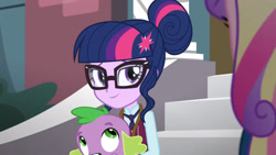 Size: 3410x1920 | Tagged: safe, imported from derpibooru, screencap, princess cadance, sci-twi, spike, spike the regular dog, twilight sparkle, dog, equestria girls, friendship games, bow, canterlot high, clothes, crystal prep academy uniform, dean cadance, female, glasses, hair bow, high res, male, necktie, school uniform, schoolgirl, smiling, stairs, trio