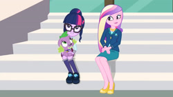 Size: 3410x1920 | Tagged: safe, imported from derpibooru, screencap, princess cadance, sci-twi, spike, spike the regular dog, twilight sparkle, dog, equestria girls, friendship games, canterlot high, dean cadance, female, glasses, high res, male, smiling, stairs, trio