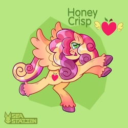 Size: 1440x1440 | Tagged: safe, artist:seasemissary, imported from derpibooru, oc, oc only, oc:honey crisp, pegasus, pony, female, full body, hair over one eye, mare, offspring, open mouth, open smile, parent:big macintosh, parent:princess cadance, parents:cadmac, pegasus oc, signature, smiling, solo, spread wings, unshorn fetlocks, wings