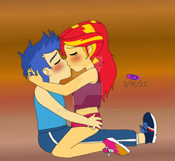 Size: 1280x1181 | Tagged: safe, artist:stella-exquisa, imported from derpibooru, flash sentry, sunset shimmer, human, equestria girls, blushing, duo, female, flashimmer, kiss on the lips, kissing, male, shipping, straight