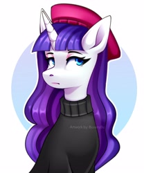 Size: 2953x3543 | Tagged: safe, artist:buvanybu, imported from derpibooru, rarity, pony, unicorn, beatnik rarity, beret, bust, clothes, hat, portrait, simple background, solo, sweater